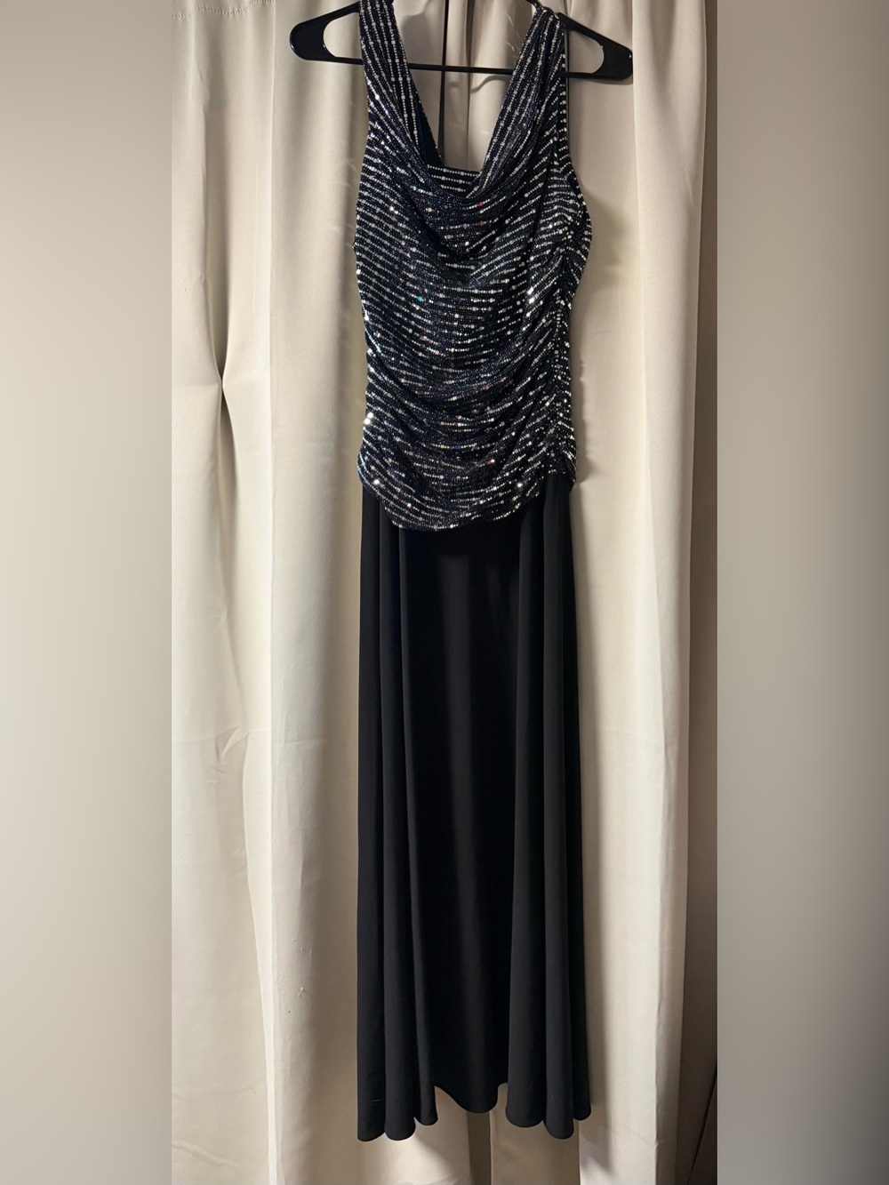 R & M Richards Black Sequin Draped Maxi Dress
